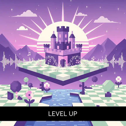A purple castle with pink accents on a floating chessboard set against mountains for video game chiptune music