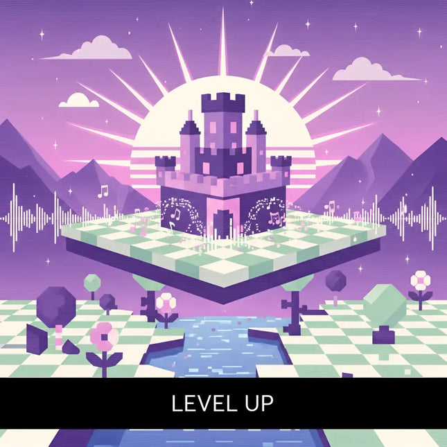 A purple castle with pink accents on a floating chessboard set against mountains for video game chiptune music