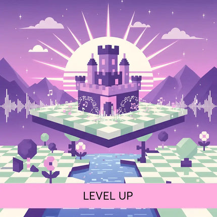 A purple castle with pink accents on a floating chessboard set against mountains for video game chiptune music