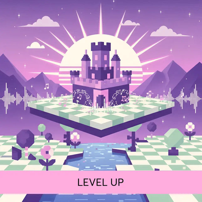 A purple castle with pink accents on a floating chessboard set against mountains for video game chiptune music