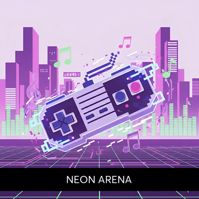 A stylized pixel art purple and blue nintendo controller for 8 bit video game gymnastics floor music product design