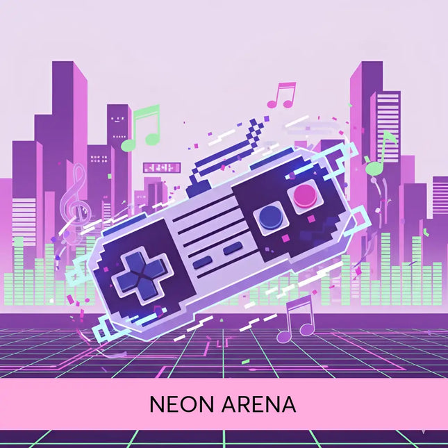 A stylized pixel art purple and blue nintendo controller for 8 bit video game gymnastics floor music product design