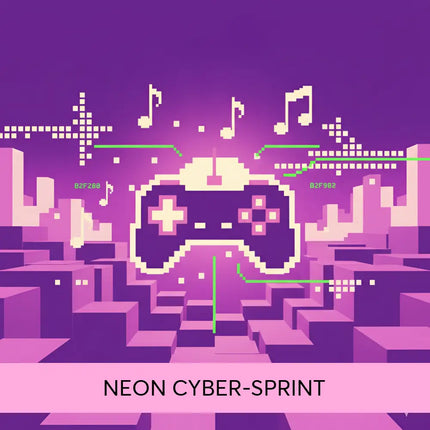 Purple pixelated video game controller with cream buttons set against a neon chiptune gymnastics floor cityscape