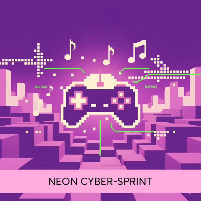 Purple pixelated video game controller with cream buttons set against a neon chiptune gymnastics floor cityscape