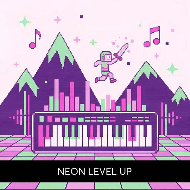 A pixel-art keyboard with white and pink keys set in a retro-futuristic scene for neon video game gymnastics floor music