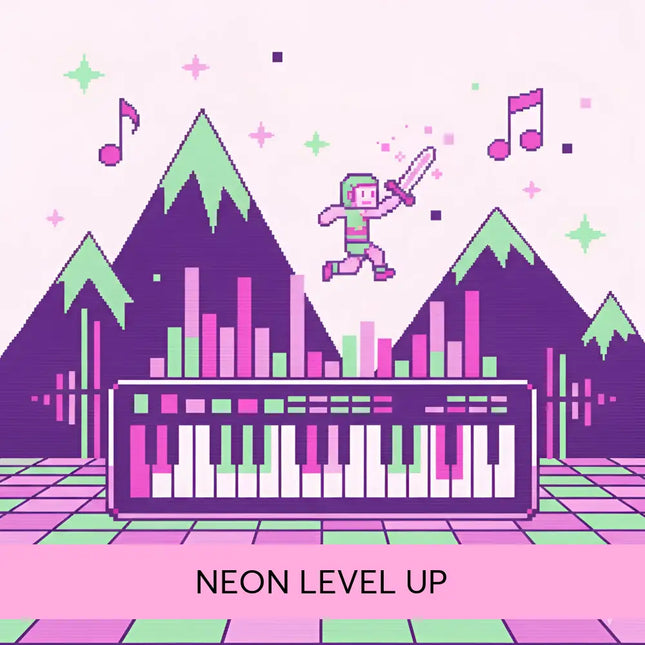 A pixel-art keyboard with white and pink keys set in a retro-futuristic scene for neon video game gymnastics floor music