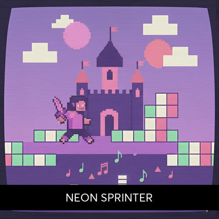 Pixelated purple castle with pink towers under twilight sky on neon sprinter chiptune video game music cover