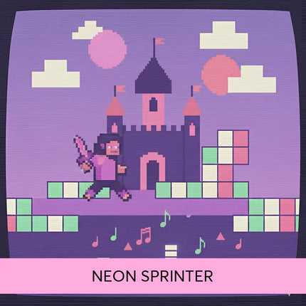 Pixelated purple castle with pink towers under twilight sky on neon sprinter chiptune video game music cover