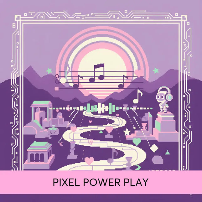 Pixel power play chiptune gymnastics floor music with pixel art video game style purple mountains and musical notes design