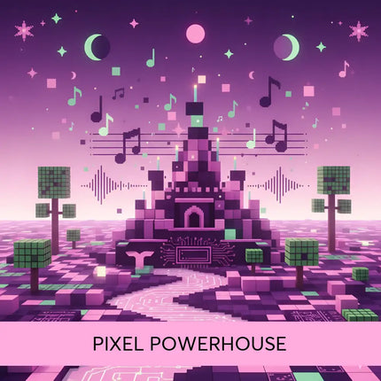 A pixelated purple and pink castle made of circuit board cubes for high energy gymnastics floor music fun
