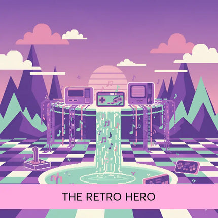 A retro-style purple video game console fountain with pixelated chiptune music notes, perfect for gymnastics floor music