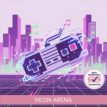 A stylized pixel art purple and blue nintendo controller for 8 bit video game gymnastics floor music product design