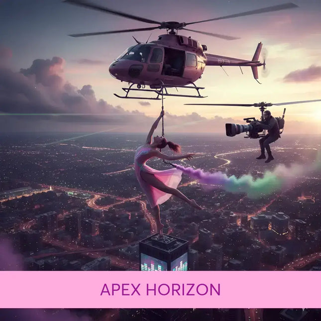 A dancer in a flowing pink gown performs mid-air above a skyscraper for epic apex horizon gymnastics floor music