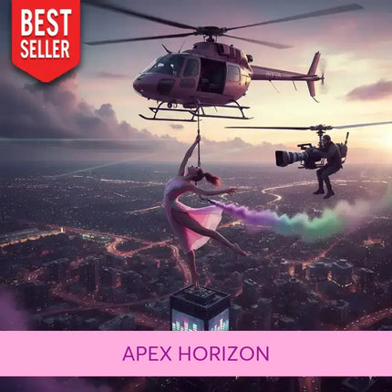 A pink helicopter with a sleek design hovers over the city in apex horizon epic gymnastics floor music product image