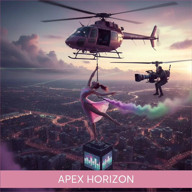 Pink gymnast in sheer leotard leaps epic mid-air over skyscraper in Apex Horizon gymnastics floor music