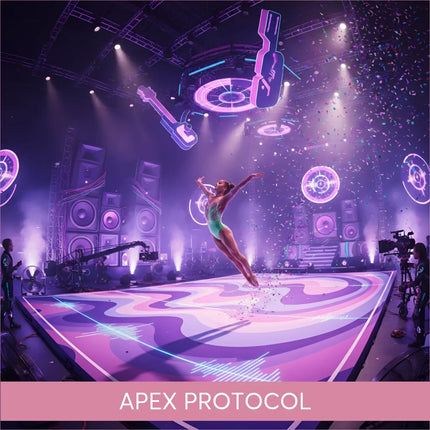 Glowing neon purple blue guitar light over Apex Protocol Epic Gymnastics Floor Music stage