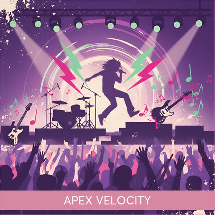 Purple pink lightning silhouettes arena rock gymnast mid-air on gymnastics floor music stage