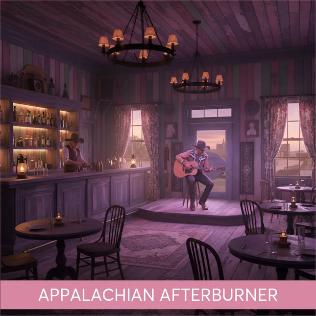 Rustic wooden bar with liquor bottles for Appalachian Afterburner gymnastics floor music