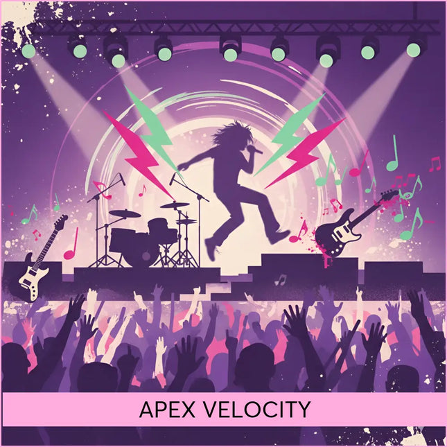 Purple and pink lightning bolts light up a rock musician mid-air on stage with guitars drums and a gymnastics floor music vibe