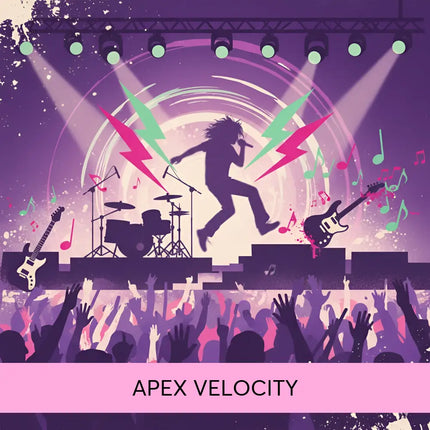 Purple and pink lightning bolts light up a rock musician mid-air on stage with guitars drums and a gymnastics floor music vibe