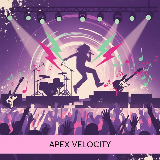 Purple and pink lightning bolts light up a rock musician mid-air on stage with guitars drums and a gymnastics floor music vibe