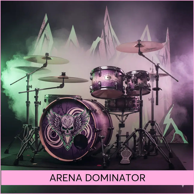 Purple drum set with winged skull design on bass drum perfect rock music for gymnastics floor routines