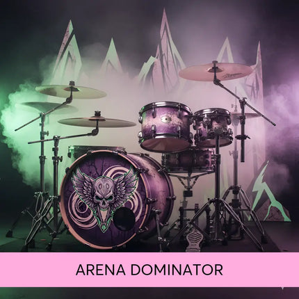 Purple drum set with winged skull design on bass drum perfect rock music for gymnastics floor routines