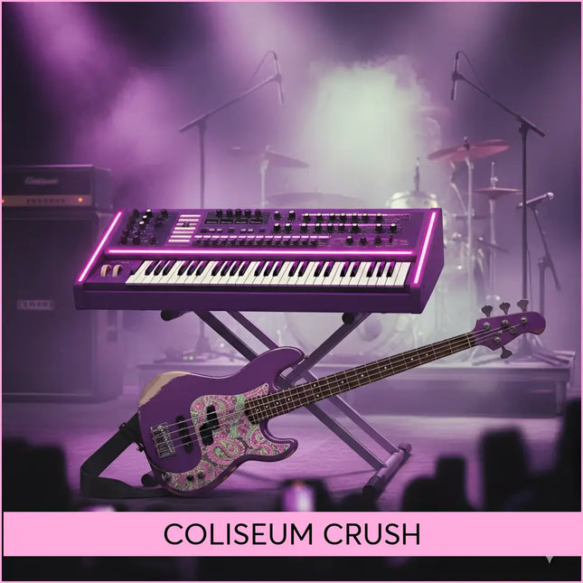 Purple neon-lit keyboard and paisley patterned bass guitar perfect for hard rock gymnastics floor music and arena rock vibes