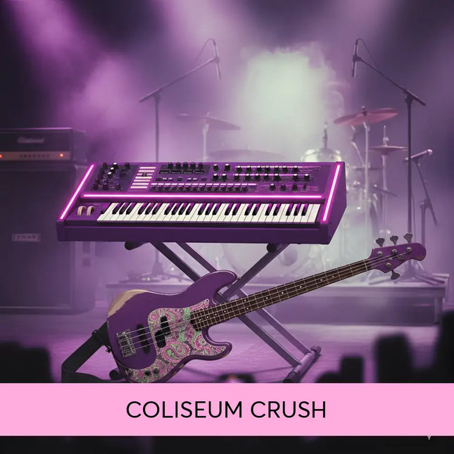Purple neon-lit keyboard and paisley patterned bass guitar perfect for hard rock gymnastics floor music and arena rock vibes