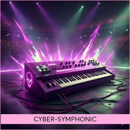 Purple neon-lit synthesizer with skull emblem and black white keys perfect for arena rock gymnastics floor music sessions