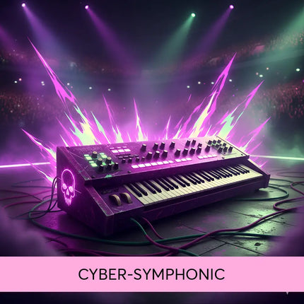 Purple neon-lit synthesizer with skull emblem and black white keys perfect for arena rock gymnastics floor music sessions