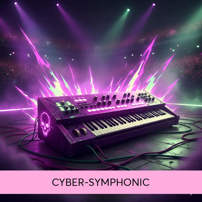 Purple neon-lit synthesizer with skull emblem and black white keys perfect for arena rock gymnastics floor music sessions