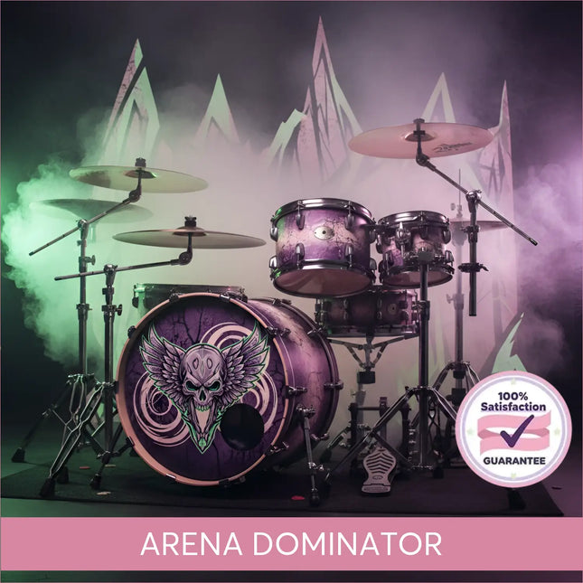 Purple drum set with winged skull design on bass drum perfect rock music for gymnastics floor routines