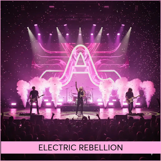 A glowing pink neon letter a stage backdrop with stylized design for electric rock gymnastics floor music in arena rock style