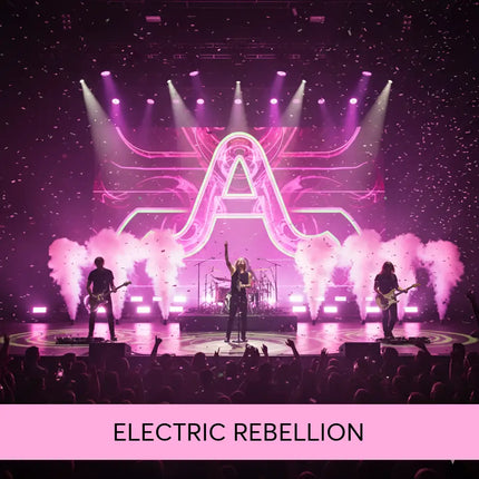 A glowing pink neon letter a stage backdrop with stylized design for electric rock gymnastics floor music in arena rock style