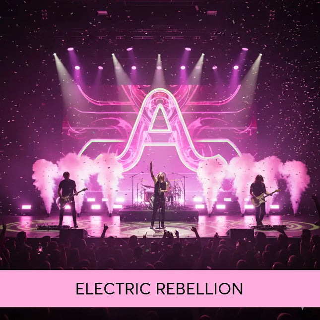 A glowing pink neon letter a stage backdrop with stylized design for electric rock gymnastics floor music in arena rock style