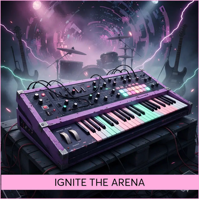 Purple modular synthesizer with glowing rgb keys and knobs on wooden pallet for ignite arena rock gymnastics floor music