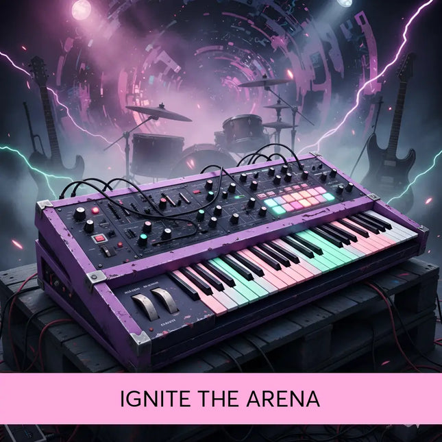 Purple modular synthesizer with glowing rgb keys and knobs on wooden pallet for ignite arena rock gymnastics floor music