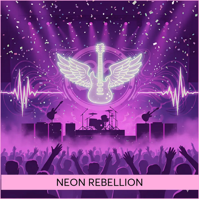 Neon purple winged guitar logo on neon rebellion rock gymnastics floor music product cover with edgy rock vibe