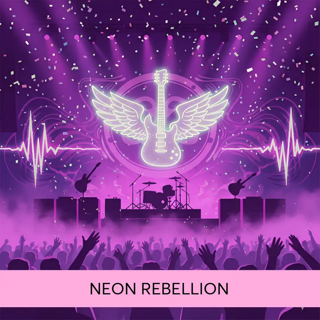 Neon purple winged guitar logo on neon rebellion rock gymnastics floor music product cover with edgy rock vibe