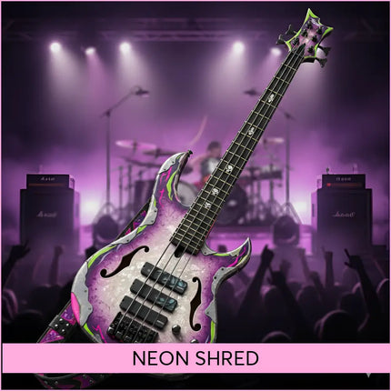 Vibrant purple and neon green custom electric bass guitar with skull inlays perfect for arena rock music and gymnastics floor jams