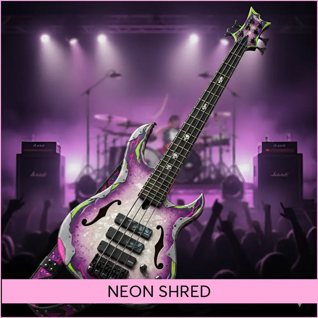 Vibrant purple and neon green custom electric bass guitar with skull inlays perfect for arena rock music and gymnastics floor jams