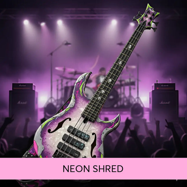 Vibrant purple and neon green custom electric bass guitar with skull inlays perfect for arena rock music and gymnastics floor jams