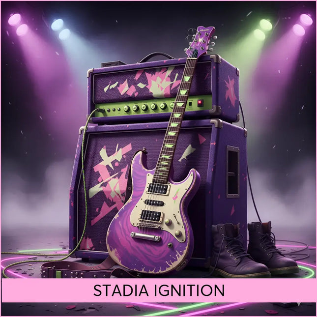 Purple and white electric guitar with distressed finish leaning on purple amps with pink graffiti perfect for arena rock gymnastics floor music