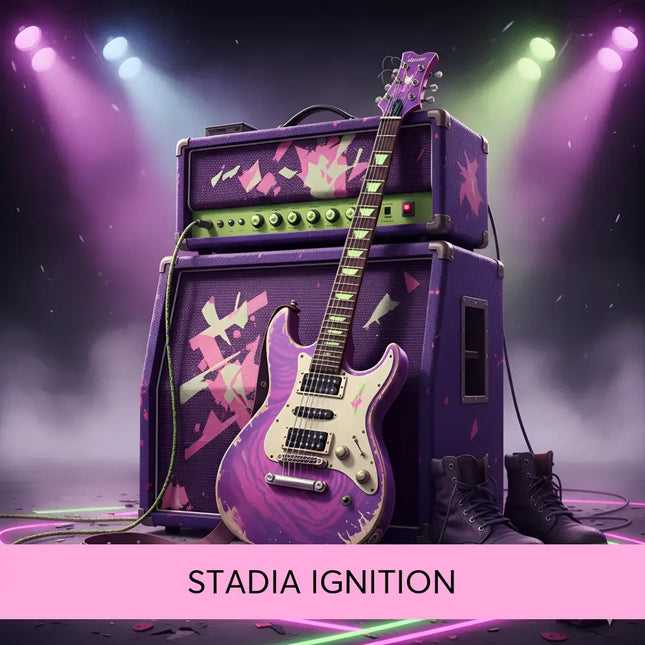 Purple and white electric guitar with distressed finish leaning on purple amps with pink graffiti perfect for arena rock gymnastics floor music