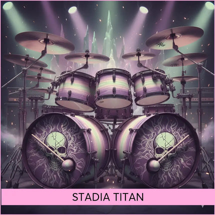 Purple and green gradient drum set with skull designs on bass drums for stadia titan rock gymnastics floor music