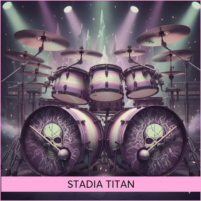 Purple and green gradient drum set with skull designs on bass drums for stadia titan rock gymnastics floor music