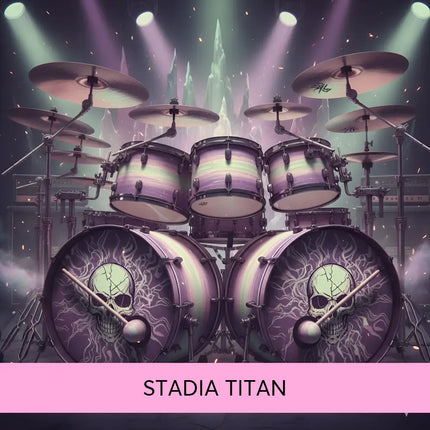 Purple and green gradient drum set with skull designs on bass drums for stadia titan rock gymnastics floor music