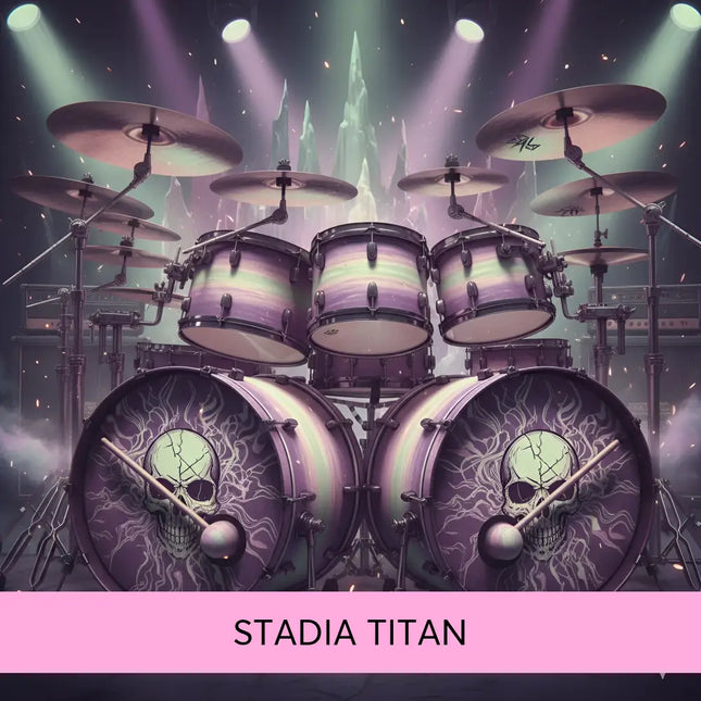 Purple and green gradient drum set with skull designs on bass drums for stadia titan rock gymnastics floor music