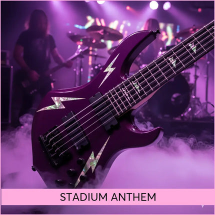 A glossy purple electric bass guitar with lightning bolt inlays for stadium rock gymnastics floor music sessions